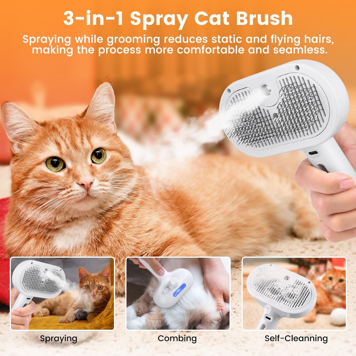 3 In 1 Cat Steam Brush, Pet Steam Brush , Hair Removal
