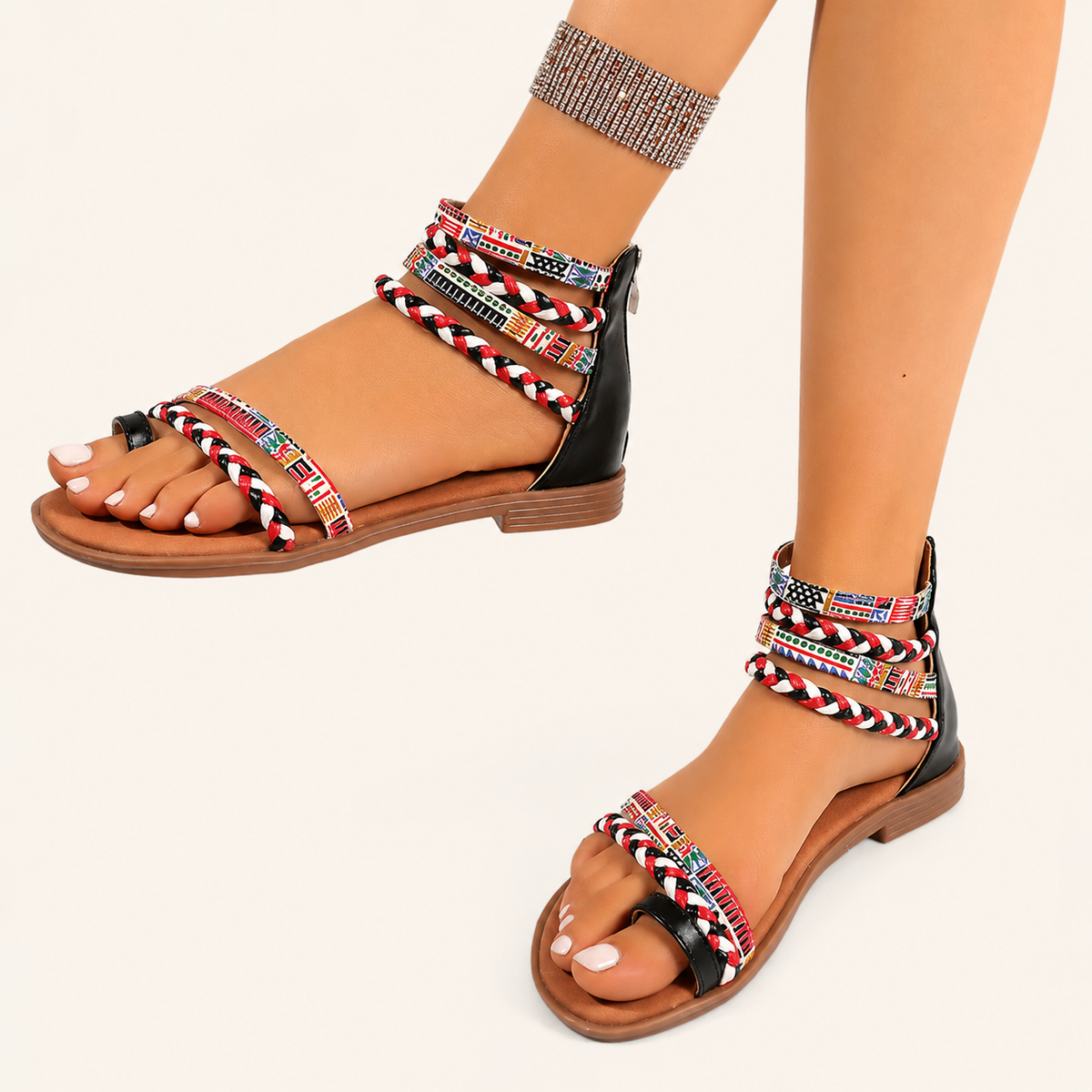 Ethnic Style Flat Sandals Summer Clip Toe Colorful Weave-straped Shoes With Back Zipper Women's Bohemian Beach Shoes
