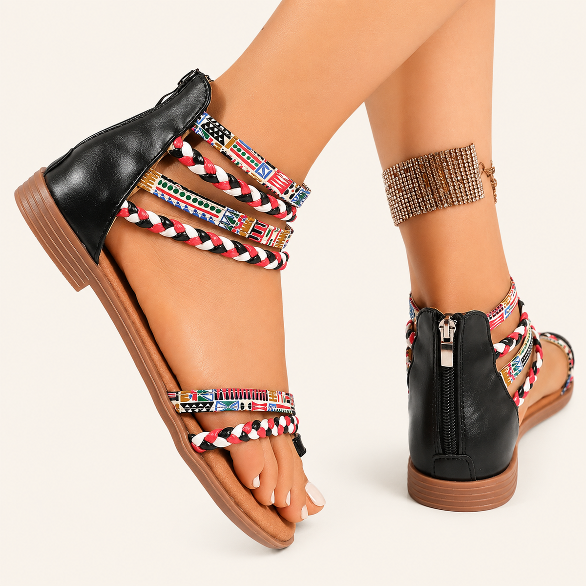 Ethnic Style Flat Sandals Summer Clip Toe Colorful Weave-straped Shoes With Back Zipper Women's Bohemian Beach Shoes